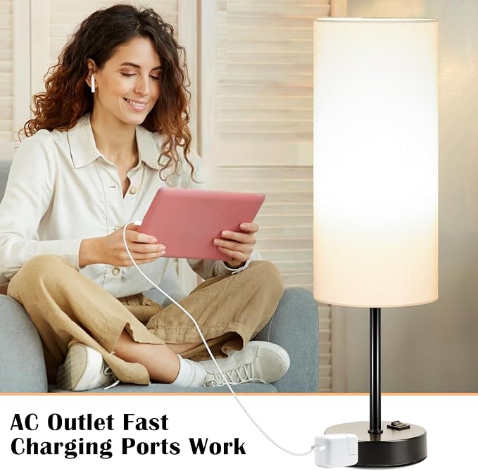 ZJOJO Table Lamp for Bedroom 2 Pack,18in Bedside Lamps with 3 Way Dimmable Rocker Switch & AC Outlet,Nightstand Desk Lamp with White Fabric Shade Black Basee for Living Room Home Decor Lights