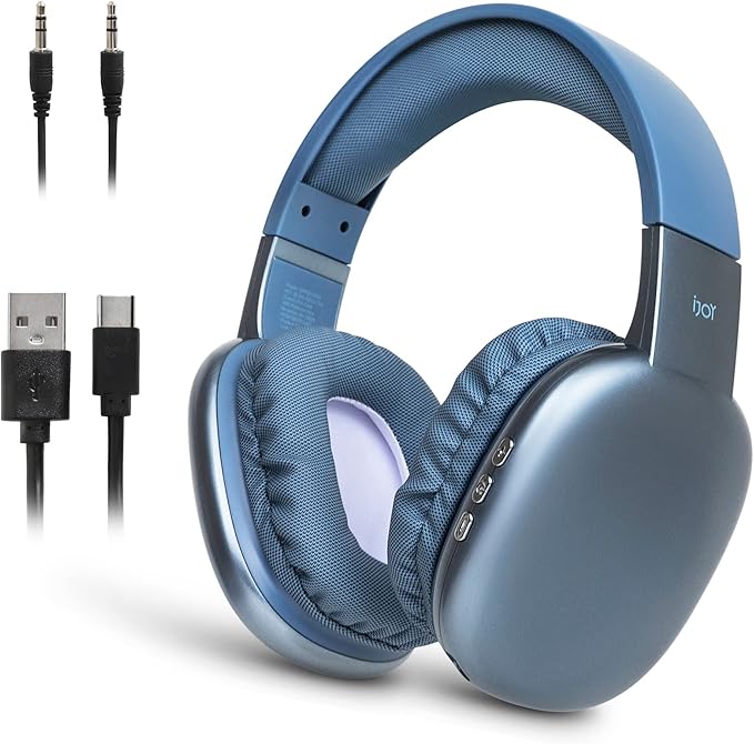 iJoy Ultra Wireless Headphones with Microphone- Rechargeable Over Ear Wireless Bluetooth Headphones with 10Hr Playtime, SD Slot, Backup Wire- Soft Cushion Wireless Headset with Mic (Blue)