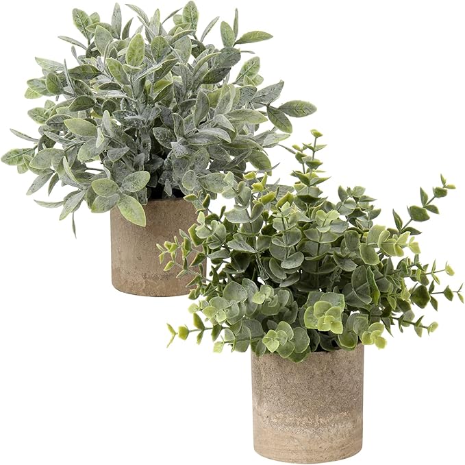 Briful Artificial Potted Plants Set of 2 Small Faux Plant Eucalyptus Mini Fake Plant Decor for Home Table Office Room Desk Bathroom Shelf Kitchen Rustic