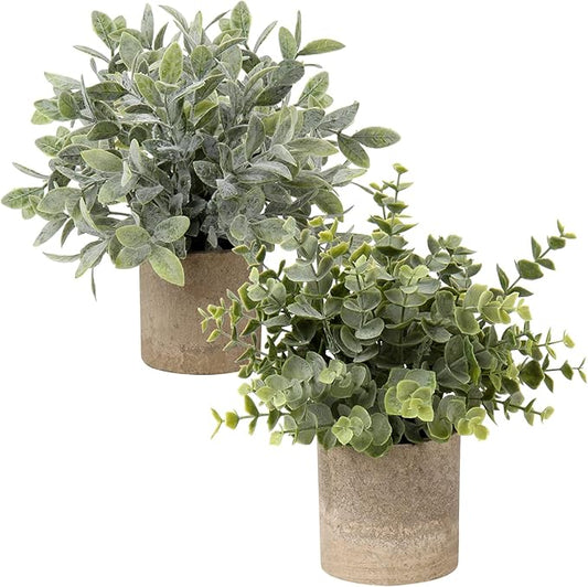 Briful Artificial Potted Plants Set of 2 Small Faux Plant Eucalyptus Mini Fake Plant Decor for Home Table Office Room Desk Bathroom Shelf Kitchen Rustic