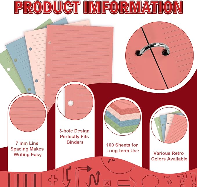 100 Sheets Mini Loose Leaf Paper 5.5 x 8.5 Mini Binder Paper 3 Ring Colored Lined Paper College Ruled 3 Hole Punched Lined Papers Small Notebook Refill Pages Planner Inserts for School Office