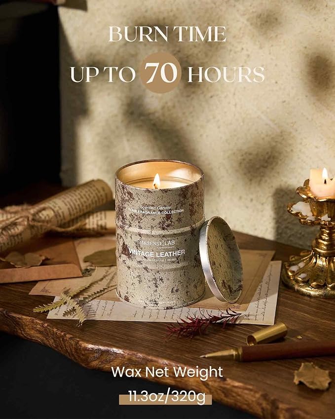 M&SENSE Vintage Leather Scented Candles Natural Non Toxic, Aromatherapy Candle for Stress Relief Meditation Relaxing, Housewarming Gifts for Women Men, 11.3oz 70 Hour Long Burning