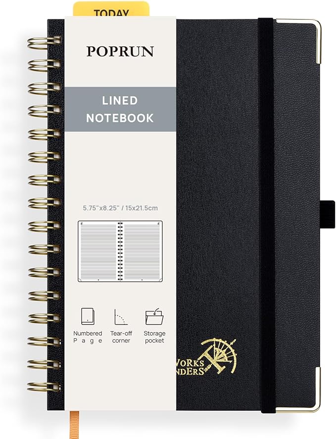 POPRUN Lined Spiral Journal Notebook, [A5-5.75'' x 8.25''] - 120 GSM Thick Paper, 141 Numbered Pages, College Ruled Notebook for Men & Women with Pocket, Index Tabs, 8 Perforated Sheets, Black