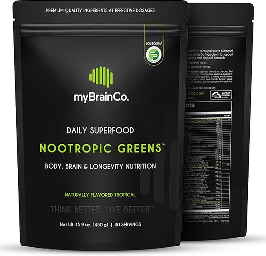 Nootropic Greens - Premium All-in-One Body, Brain & Longevity Optimization Nutrition. Organic Greens & Superfoods, Alpha-GPC, L-Theanine, Lion’s Mane, TMG, NR, NAC & More. (7.94 oz)