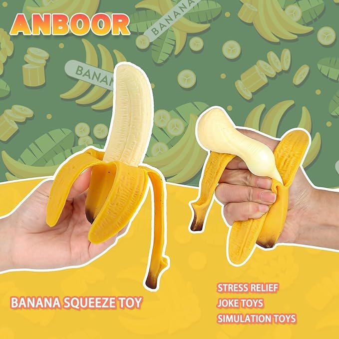 Anboor Banana Squishies Toy,Stretchy Banana Stress Ball Toy,Sensory Simulation Banana Relief Stress Squeeze Toy for Kids and Adult as Birthday Party