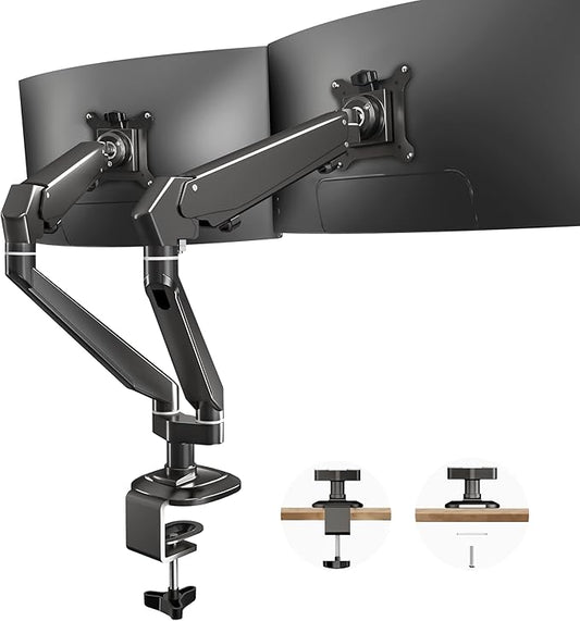 Dual Monitor Mount for 2 Screens up to 32 Inch and 19.8 lbs, Fully Adjustable Gas Spring Monitor Arm Desk Mount, Vesa Monitor Mount with C Clamp, Grommet Base, Aluminum, Black
