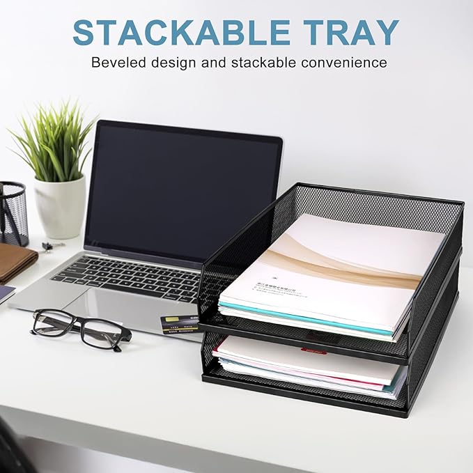 Stackable Paper Tray Organizer for Desk,Metal Mesh Wire Letter Tray, Letter Trays Organizers, Front-Load Paper Holder Storage for Office, School, Home,2 Pcs