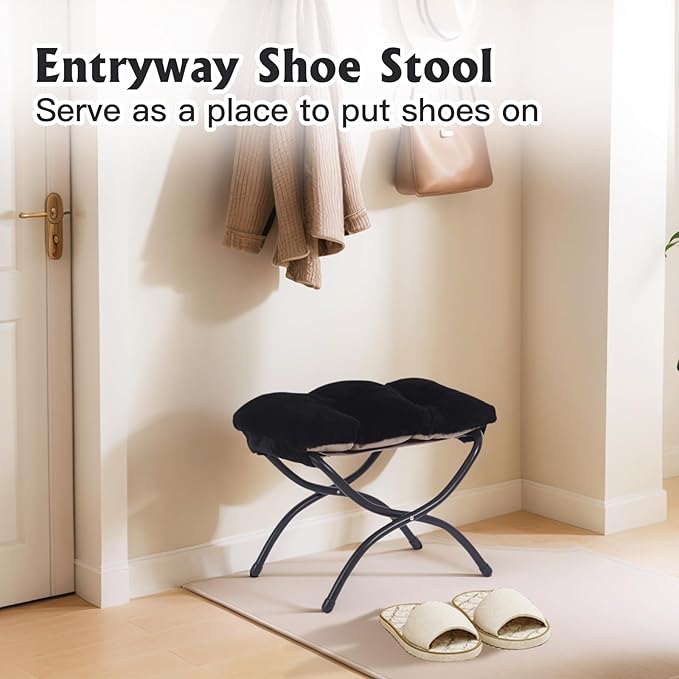 Welnow Folding Foot Stool, Upholstered Small Accent Ottoman with Detachable Thick Cotton Cushion Padded Sofa Stool and Metal Frame for Lazy Chair, Living Room, Bedroom, Plush Black