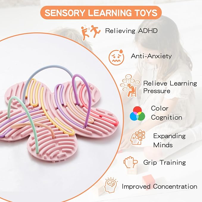 2 Pack Sensory Activity Board with 20 Random-Color Strings, Double-Sided Silicone Sensory Fidget Toy for Kids and Adults with Autism, ADHD, Silent, Stress Relief, Calming, Focus, Gift for Girls Boys