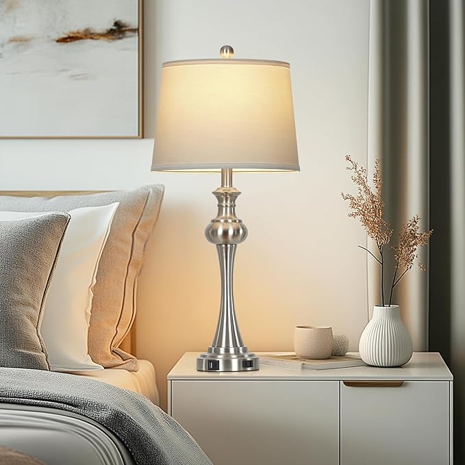 28.75" Silver Table Lamps for Living Room,3 Way Touch Control Table Lamp, Bedside Desk Lamp with Metal Base Modern Nightstand Lamp Simple Side Table Lamp for Bedroom,Office,LED Bulb Included