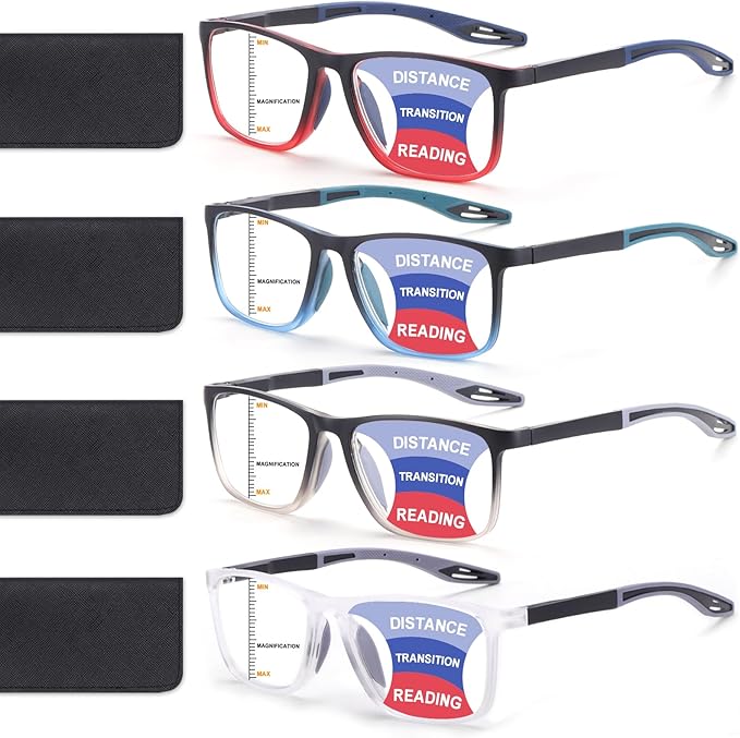 4 Pack Progressive Multifocus Reading Glasses for Men Women TR90 Sports Style Anti-Blue Light Computer Readers