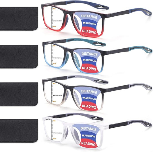 4 Pack Progressive Multifocus Reading Glasses for Men Women TR90 Sports Style Anti-Blue Light Computer Readers