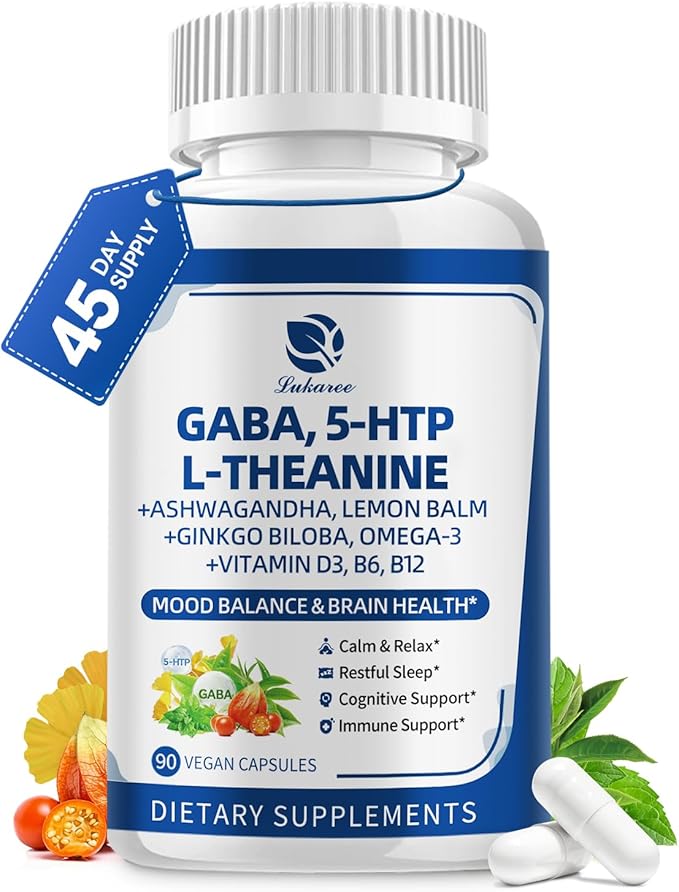 GABA Supplements 750mg with L Theanine, 5HTP, Ashwagandha, Lemon Balm, Ginkgo Biloba, Omega-3, 10 in 1 GABA Calm Capsules for Sleep, Relaxation, Focus, Mood Support, Cortisol Balance - 90CT