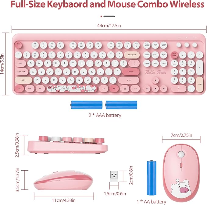 Fogruaden Wireless Keyboard and Mouse Combo, Pink Retro Typewriter Keyboard, 2.4GHz Full Size Round Keycap Cute Computer Keyboard with Number Pad, Pink Colorful Keyboard for Windows PC Laptop(Pink)