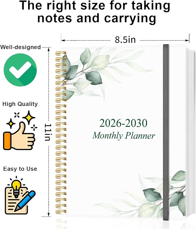 2025-2030 Monthly Planner - 64 Month PLanner Calendar from September 2025 to December 2030, Flexible Cover, Inner Pocket, 8.5" x 11", Perfect for Home | School | Office, Green Leaf