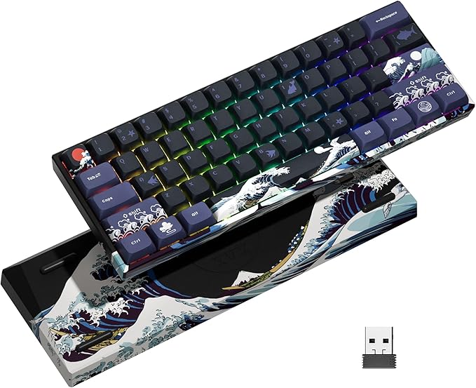 XVX 60% Gaming Keyboard, RGB 3-Modes Wireless Mechanical Keyboard, Mini 60 Percent Gamer Keyboard with Hot-Swappable Pre-lubed Linear Switch for Windows & Mac (Great Wave Off Kanagawa), M61 Pro