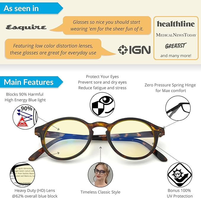 J+S Vision Blue Light Blocking Glasses for Men Women | Computer Gaming Work| Anti Strain Fatigue UV Glare | Medium-Small Fit