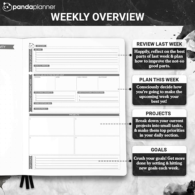 Panda Planner Weekly 2025-2026, Undated Weekly Planner for Office, School & Home – 8"x11" Soft Vegan Leather Organizer Notebook with To-Do Lists, Habit Tracker, Notes & Agenda – Black