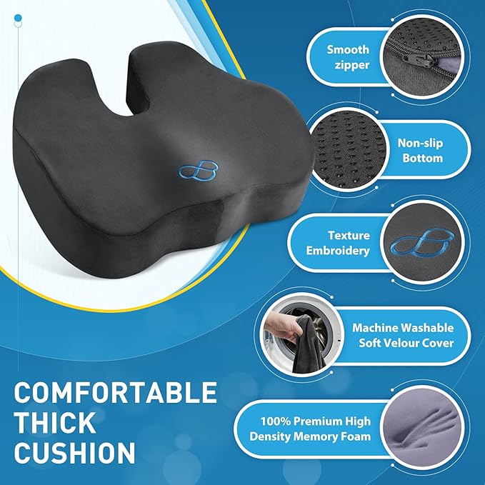 BlissTrends Seat Cushion,5.2in Thick Memory Foam Cushions for Office Chair, Car Seat, Airplane, Relieving Pressure Tailbone Sciatica Back Pain for Long Sitting Office Workers, Car Drivers Grey