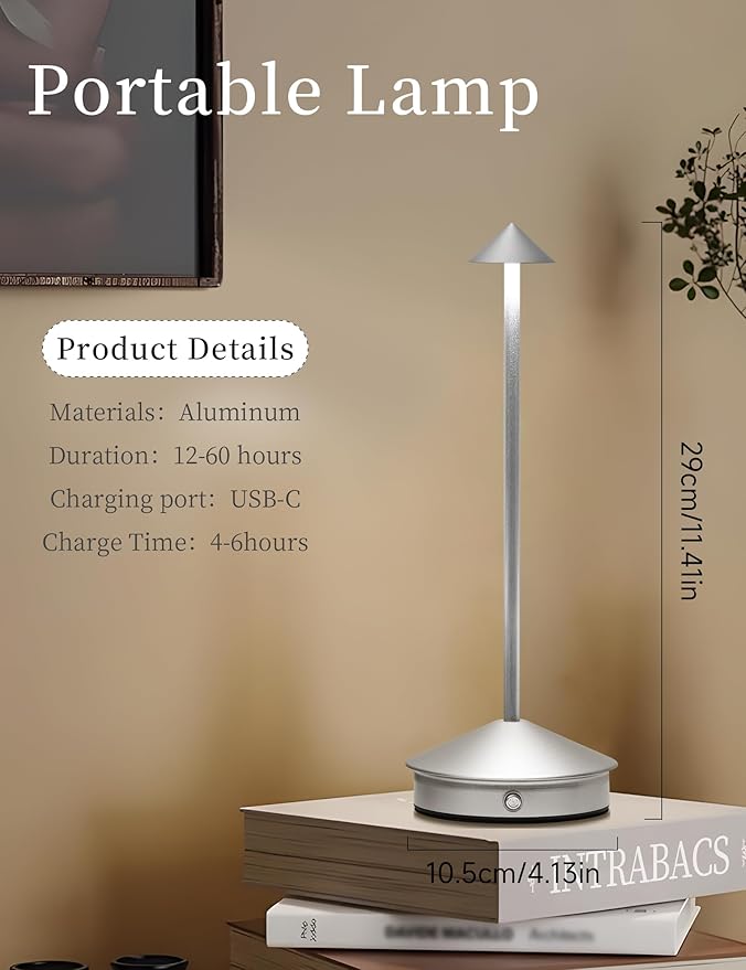 Cordless Table Lamps,LED Rechargeable Desk Lamp,Portable Modern USB Battery Operated Lights,Outdoor Waterproof Touch Dimmable,for Patio,Restaurant,Bar,Camping,Dining Home Set of 2 Silver