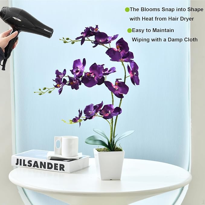 Faux Orchid in Vase Artificial Orchid in Ceramic Vase Tall Silk Orchids with Stems Real Look Phalaenopsis Flowers Arrangement Centerpiece Table Decorations for Home Decor Indoor, Dark Purple