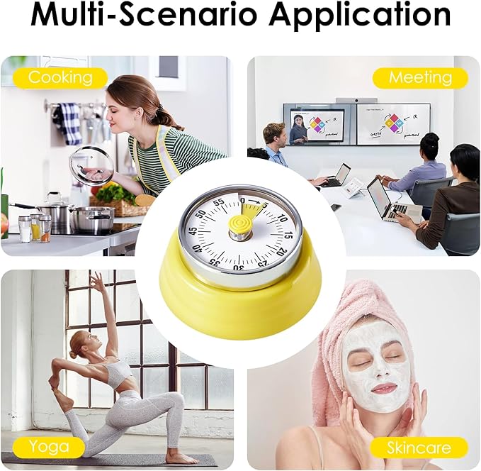 Visual Timer, Teeloray 60-Minute Countdown Timer, Kitchen Timer with Magnetic Base, Mechanical Clockwork, Ringer Alert, Time Management Tool for Children and Adults, Study/Work/Cooking (Yellow)