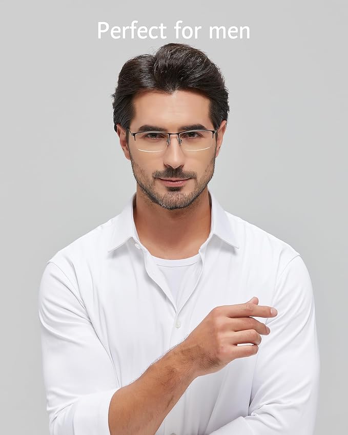 ANRRI Blue Light Glasses Mens Rectangle Semi Rimless Glasses Computer Gaming glasses for men Lightweight Titanium Eyewear