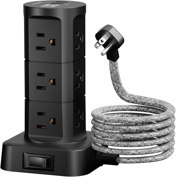 Surge Protector Power Strip Tower, Flat Plug, 6Ft Extension Cord with Multiple Outlets, 12 Outlets 4 USB Ports, Overload Protection for Office Desk Supplies, Dorm Essentials
