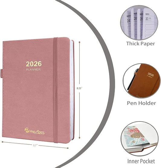 2026 Daily Planner/Calendar, One Page Per Day, Daily Monthly Agenda Planner with Time Slots and Monthly Tabs, Jan - Dec 2026, 5.7" x 8.25" Appointment Book, Pen Holder, Leather Cover (2026-Pink)