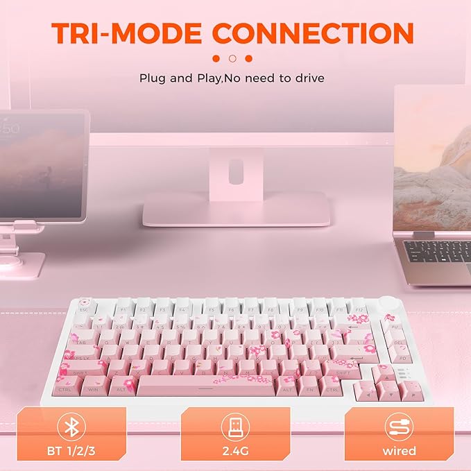 DAREU EK75PRO Sakura Pink Wireless Mechanical Keyboard,75% Hot Swap Creamy Gaming Keyboard with Knob,RGB Backlit,Gasket Custom Structure,Side Printed PBT Keycaps,2.4Ghz/BT5.1/USB-C, for Win/MAC
