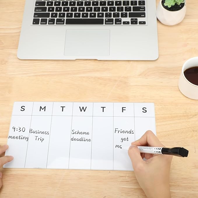 Desktop Glass Weekly Whiteboard with Detachable Wood Stand Weekly Dry Erase Board Weekly Calendar Whiteboard Weekly Planner to Do List White Board Desk Planner 11.8x5.86" for Office, Home, School