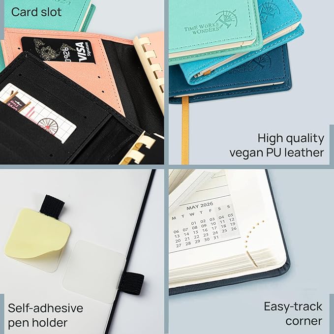 POPRUN 2026 Pocket Planner (Slim Size 3.5" x 6.5") Weekly and Monthly Calendar for Purse, with Hourly Time Slots, 100GSM Thick Paper, Spiral Soft Cover, Pen Holder - Black