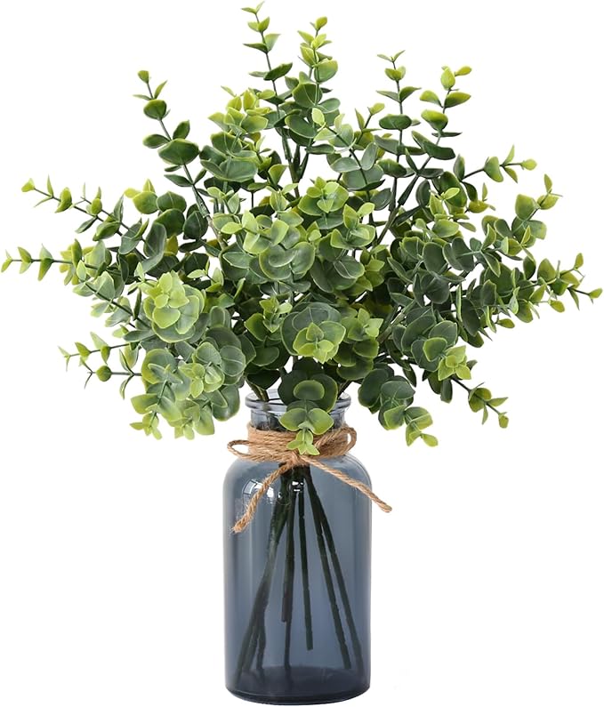 Leftover 8 PCS Faux Eucalyptus Stems in Black Glass Vase,Fake Plants Greenery Stems for Centerpiece Table Decorations,Fake Plants for Black Bathroom Decor(Sage Green)