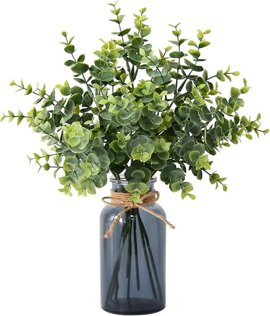 Leftover 8 PCS Faux Eucalyptus Stems in Black Glass Vase,Fake Plants Greenery Stems for Centerpiece Table Decorations,Fake Plants for Black Bathroom Decor(Sage Green)
