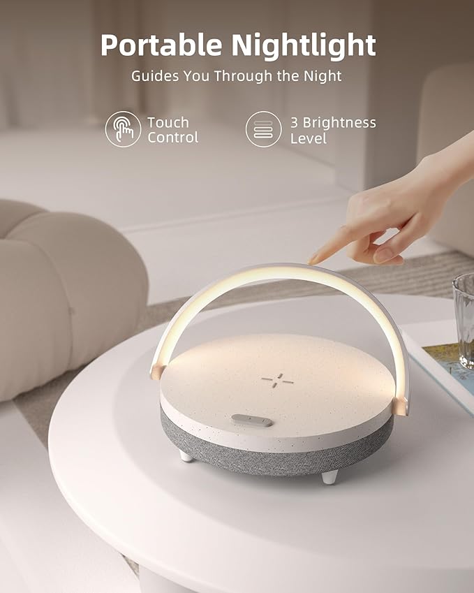 EZVALO Gift for Her, Music Table Lamp with Wireless Charger, 4 in 1 Touch Bedside Lamp, Portable Bluetooth Speaker, Phone Holder, Dimmable LED Night Lights Birthday Gifts for Women, Men, Dad, Mom