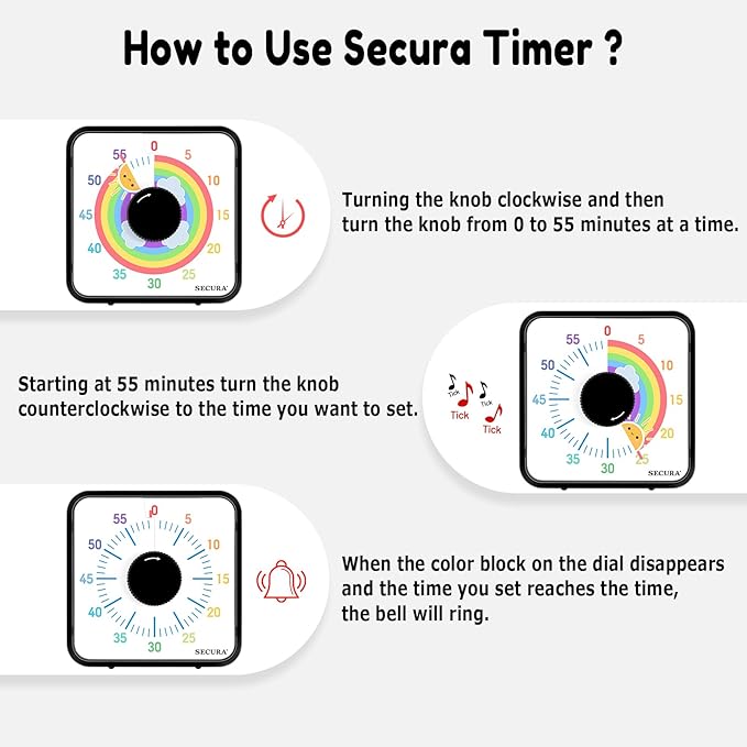 Secura 60-Minute Visual Timer, 7.5 Inch Magnetic Rainbow Countdown Timer for Classroom or Kitchen, Durable Mechanical Timer Clock with Magnetic Backing (Black & Sun)