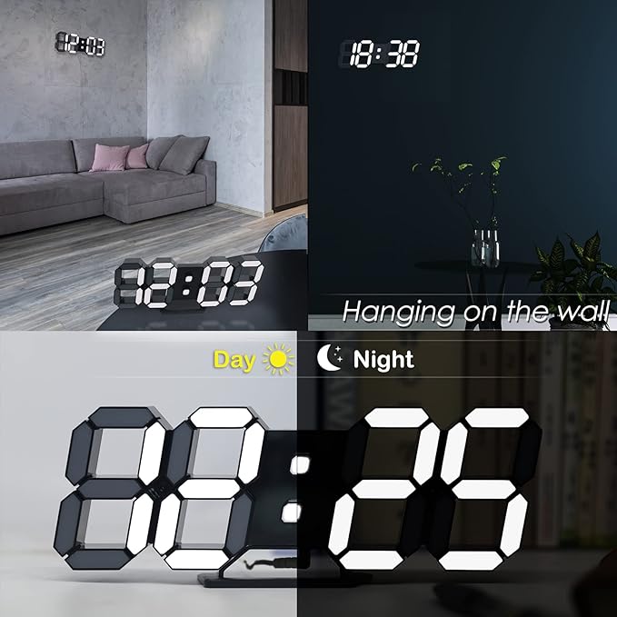KOSUMOSU Digital Clock 3D LED Wall Clock for Living Room Decor 9.7" Alarm Clocks Black Clock Wall Decor Digital Wall Clock,Remote Control/Dimmer/Date/Temperature