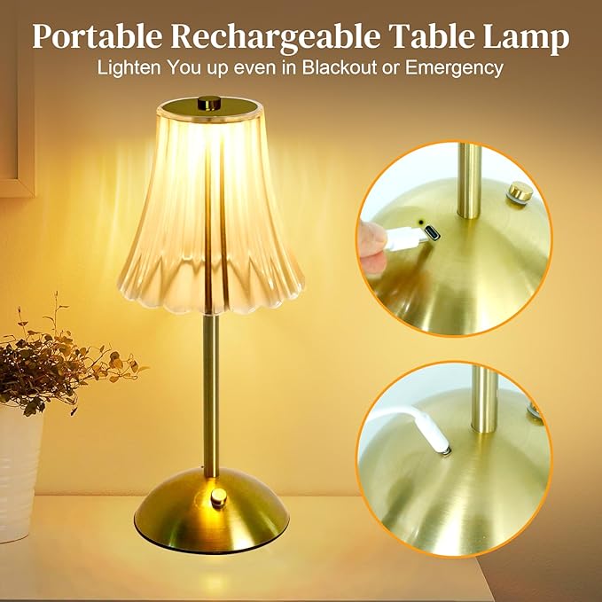 Cordless Table Lamp Rechargeable,LED 3 Colors Light Touch Dimmable Gold Small Lamp Decorative 12" for Nightstand,Bedside,Kitchen,Living Room 2600mAh High Capacity Battery Powered (Acrylic Flower)