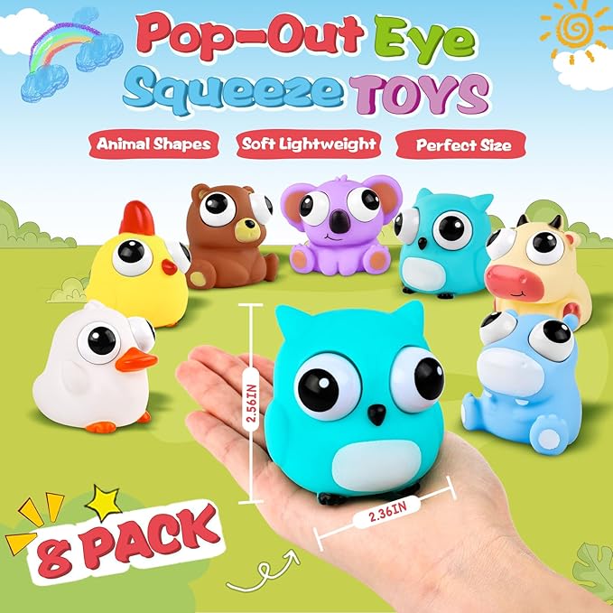 8 Pack Animal Squishy Fidget Toys, Cute Squishies Toys for Kids Adults, Pop Out Eyes Toy, Popping Eye Stress Relief Toy, Easter Basket Stuffers, Party Favors, Goodie Bag Stuffers and Classroom Prizes