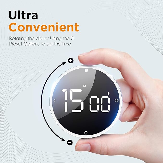 Upgrade Digital Kitchen Timer - Magnetic Countdown Countup Visual Pomodoro Timer with Large LED Display, 3-Preset Times (5, 15, 25), 3 Volume Levels, Ideal for Cooking, Baking and Fitness (1, White)