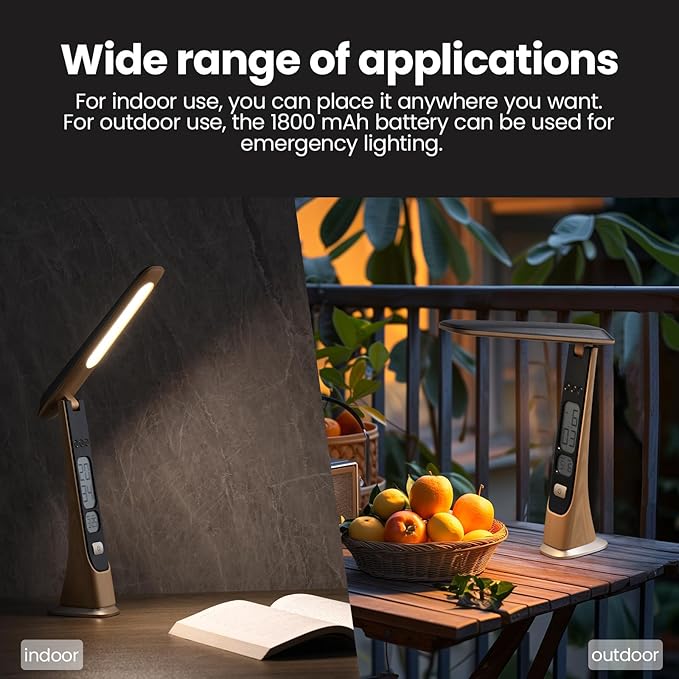 Rechargeable Cordless LED Desk lamp, dimmable Table lamp with Battery,Digital Clock,LCD,Date,Stepless Brightness Foldable Portable Lights for Home,Reading,Office (Brown)