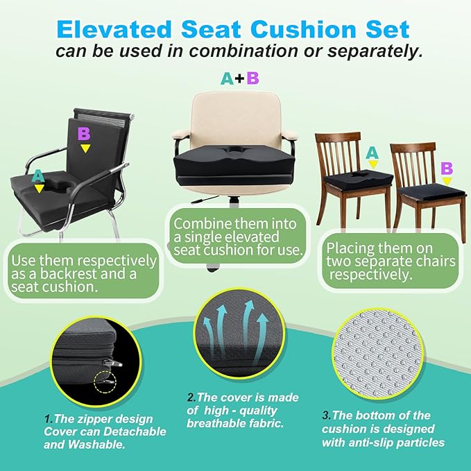 Gel Wheelchair Seat Cushion,Bed Sore Cushions for Butt,Relieve Sciatica,Coccyx,Pressure Sore and Ulcer Pain Relief Pillow,Cushion for Office Chairs,Removable&Washable Cover.(Elevated Set Black)