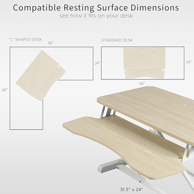 VIVO 32 inch Desk Converter, K Series, Height Adjustable Sit to Stand Riser, Dual Monitor and Laptop Workstation with Wide Keyboard Tray, Light Wood Top, White Frame, DESK-V000KF