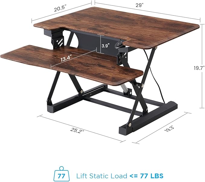 29" Electric Standing Desk Converter, Dyropcurv Series Height Adjustable Computer Desk Ergonomic Home Office Desk for Adults, Sit to Stand Desk with Quiet Motor, Vintage Brown