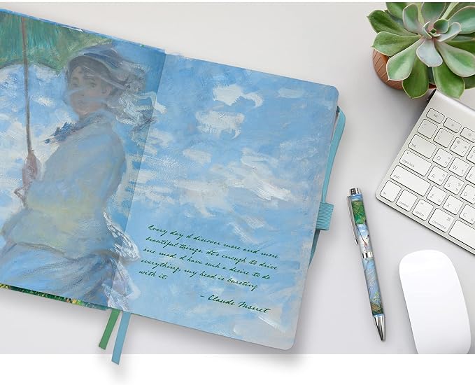 RainCaper Vegan Leather Journal Notebook, 160 Dot-Grid Pages, 5.7 inches x 8 inches, Journal - Monet Woman with Parasol