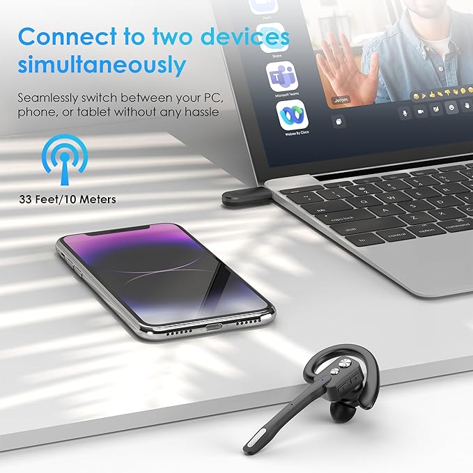 Bluetooth Headset, Wireless Bluetooth Earpiece with Dual-Mic & Noise Canceling, Single Ear Headset with Mute for Business, Remote Work, V5.3 Hand-Free Headset for iOS Android Cell Phone (Black)