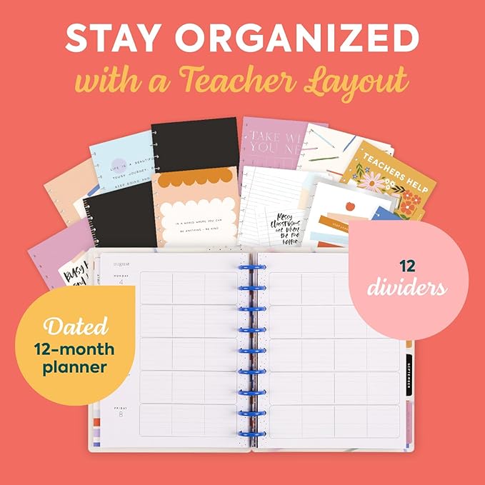 Happy Planner Disc-Bound 12-Month July 2025–June 2026 Planner with 3 Extra Months, Classic Size, Teacher Layout, Teacher Notes, 7" x 9.25”