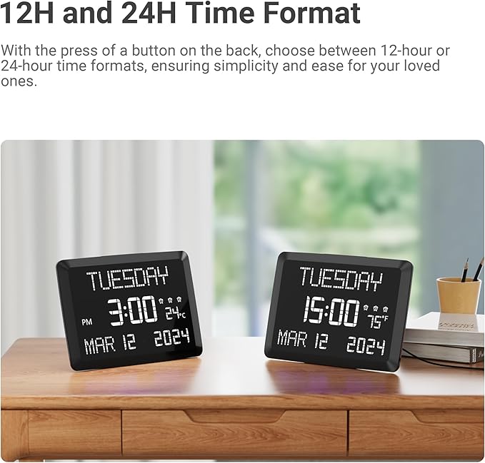 11.5” Digital Wall Clock with Date,Time,Week,Indoor Temperature,3 Alarms,5 Dimmer,2 USB Chargers,Battery Backup,Snooze,12/24H for Elderly,Parents,Impaired Vision,Dementia,Memory Loss,Office,Bedroom