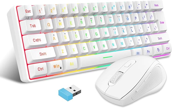 Snpurdiri 2.4G Wireless Gaming Keyboard and Mouse Combo, Include Small 60% Merchanical Feel Ergonomic Design Mini Wireless Mouse(White)