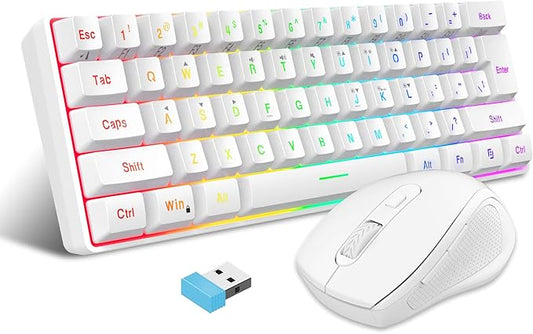 Snpurdiri 2.4G Wireless Gaming Keyboard and Mouse Combo, Include Small 60% Merchanical Feel Ergonomic Design Mini Wireless Mouse(White)